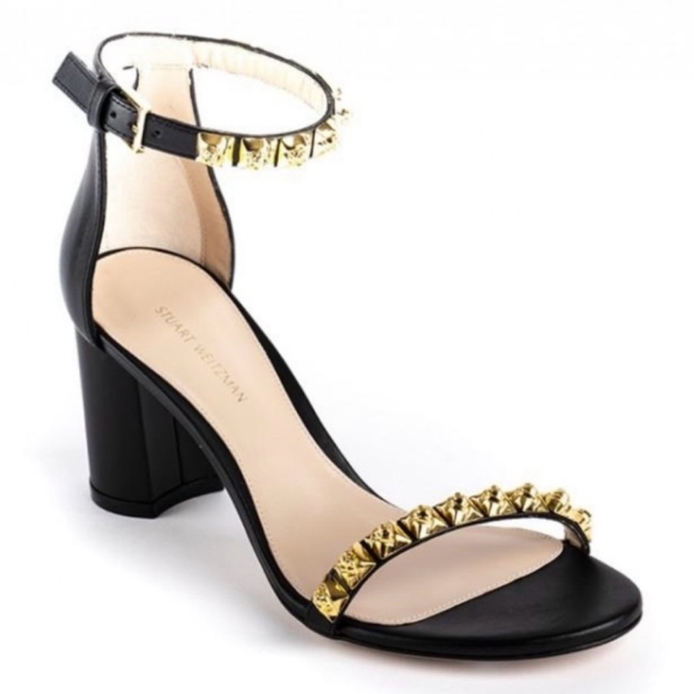 STUART WEITZMAN Authentic Black Sandals with Gold Stud Detail